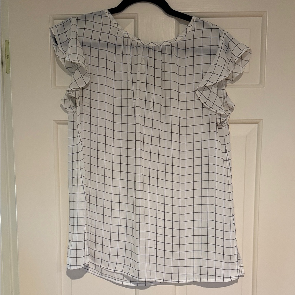 LOFT White Grid Ruffle Sleeve Blouse